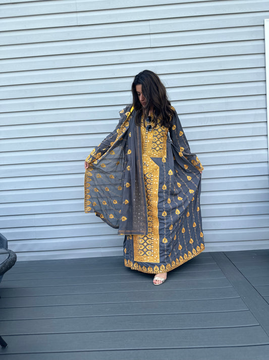 Grey and Gold Baloch Maxi dress