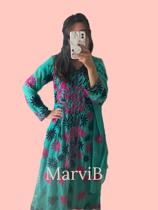 Teal Balochi style Maxi dress with scarf