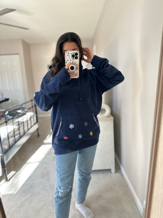 Blue rainbow hand embroidered hoodie